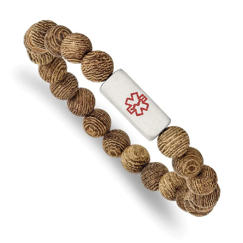 Best bangle bracelets with engraved floral patterns for a delicate and elegant design-Stainless Steel Brushed with Enamel Medical ID Wenge Wood Bracelet