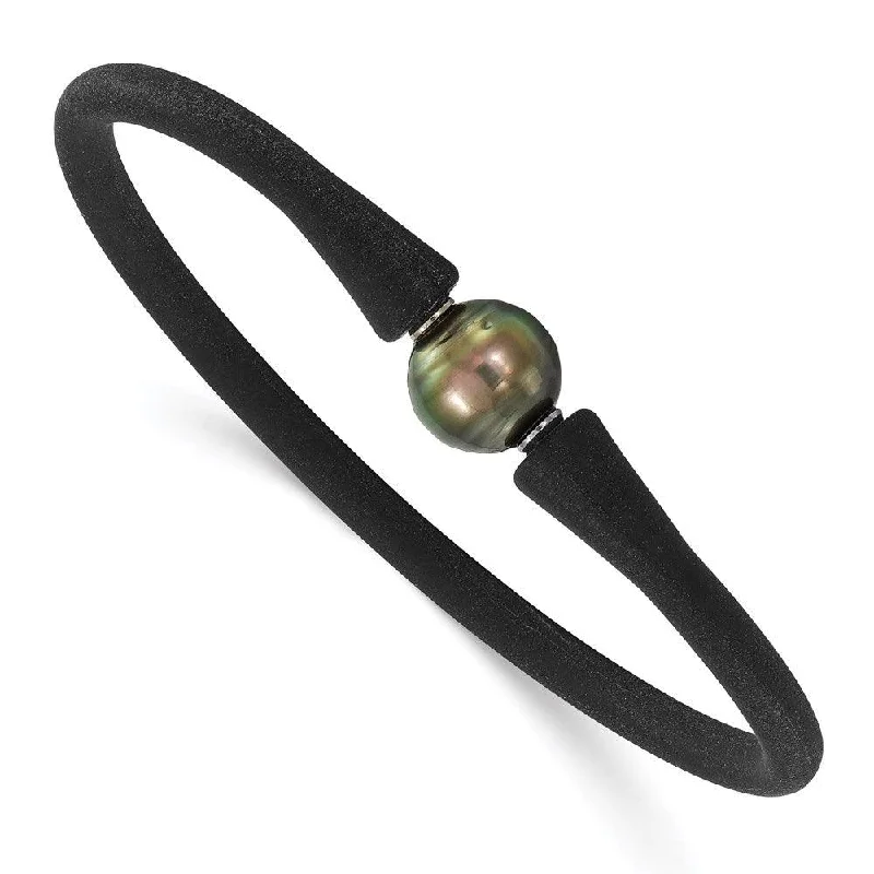 Bangle bracelets with colorful gemstone accents for a fun and vibrant pop of color-Stainless Steel Chisel and Silicone 10-11mm Tahitian Pearl Bracelet