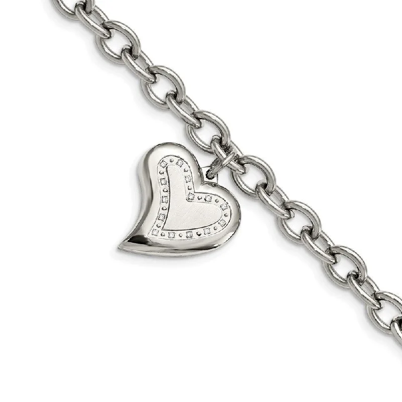 Classic bangle bracelets with clean lines for an elegant and versatile accessory-Stainless Steel CZ Heart Charm Fancy 7.5in Bracelet