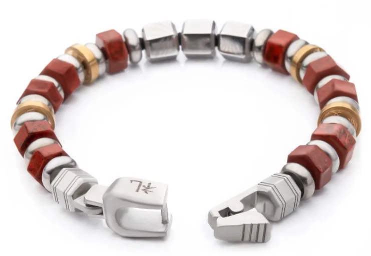 Bold bangle bracelets with textured finishes for a dynamic and modern style-Stainless Steel Mokume Gane & Red Jasper Bead Bracelet 8.25''  REI: Respect