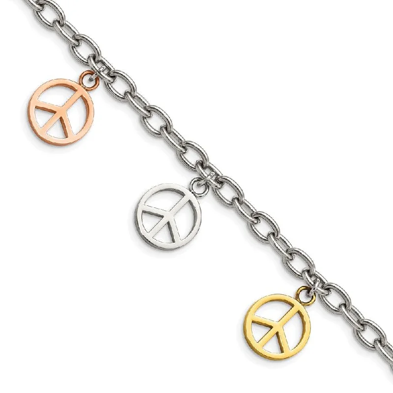 Luxury bangle bracelets with diamond accents for a sparkling, high-end accessory-Stainless Steel Multicolor Plated Peace Sign Charms 8.5in Bracelet