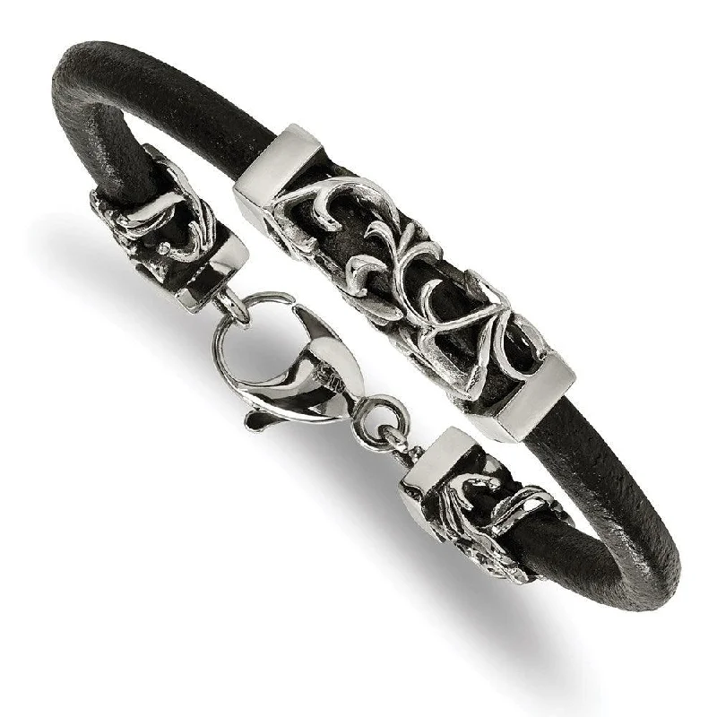 Best bangle bracelets with crystal inlays for a sparkling, glamorous appearance-Stainless Steel Polished Antiqued Filigree Black Leather Cord Bracelet