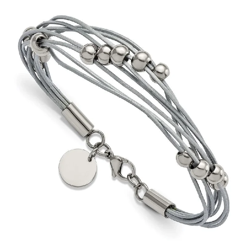 Best bangle bracelets with silver-plated finishes for an affordable and stylish accessory-Stainless Steel Polished Beaded Multi-Strand Grey Leather 8in Bracelet