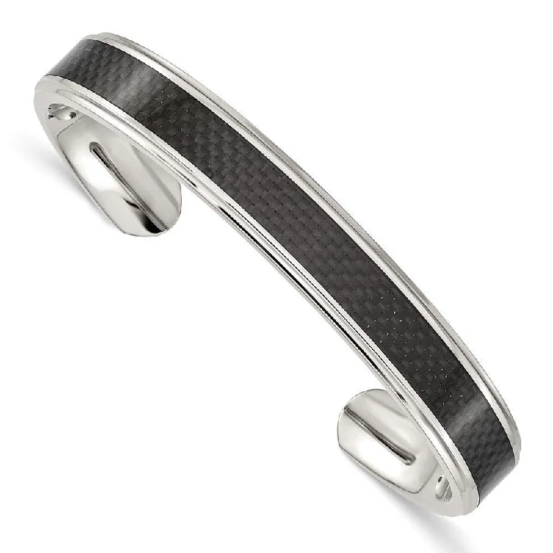 Wide bangle bracelets with boho-inspired patterns for a free-spirited design-Stainless Steel Polished Black Carbon Fiber Inlay Bangle