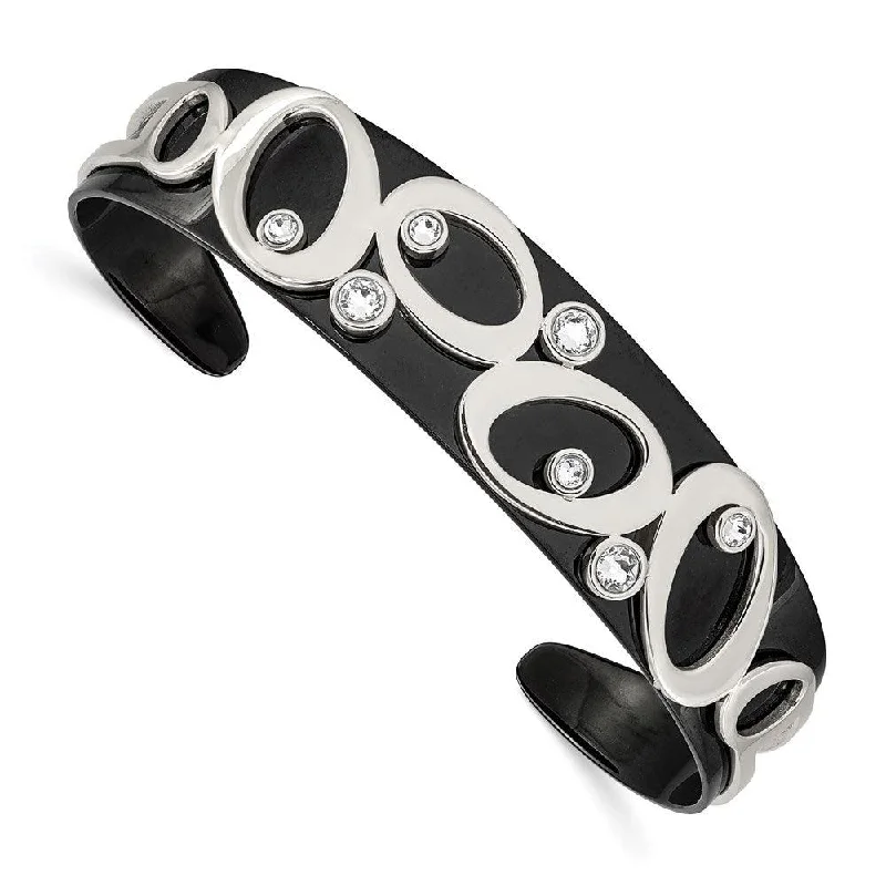 Wide bangle bracelets with modern geometric patterns for a bold fashion statement-Stainless Steel Polished Black IP w/Swarovski Crystal 15.00mm Bangle