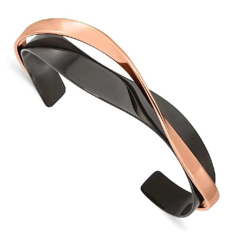 Best bangle bracelets with unique stone inlays for a one-of-a-kind accessory-Stainless Steel Polished Black/Rose IP-plated Layered & Twisted Bangle