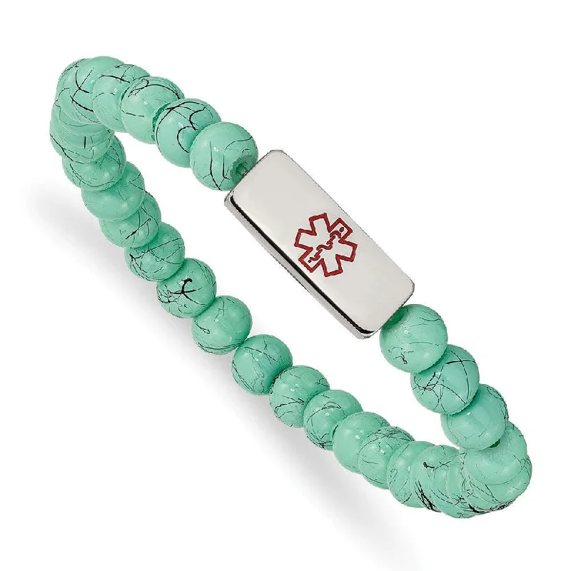 Best bangle bracelets with natural wood for a unique and earthy aesthetic-Stainless Steel Polished Medical ID Turquoise Glass Stretch Bracelet