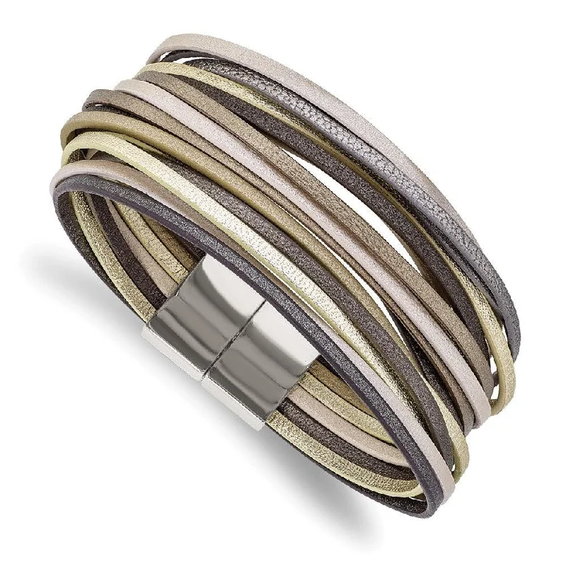 Best bangle bracelets with gold-plated finishes for an affordable luxury option-Stainless Steel Polished Multi Strand Metallic Faux Leather 7.25in Bracelet