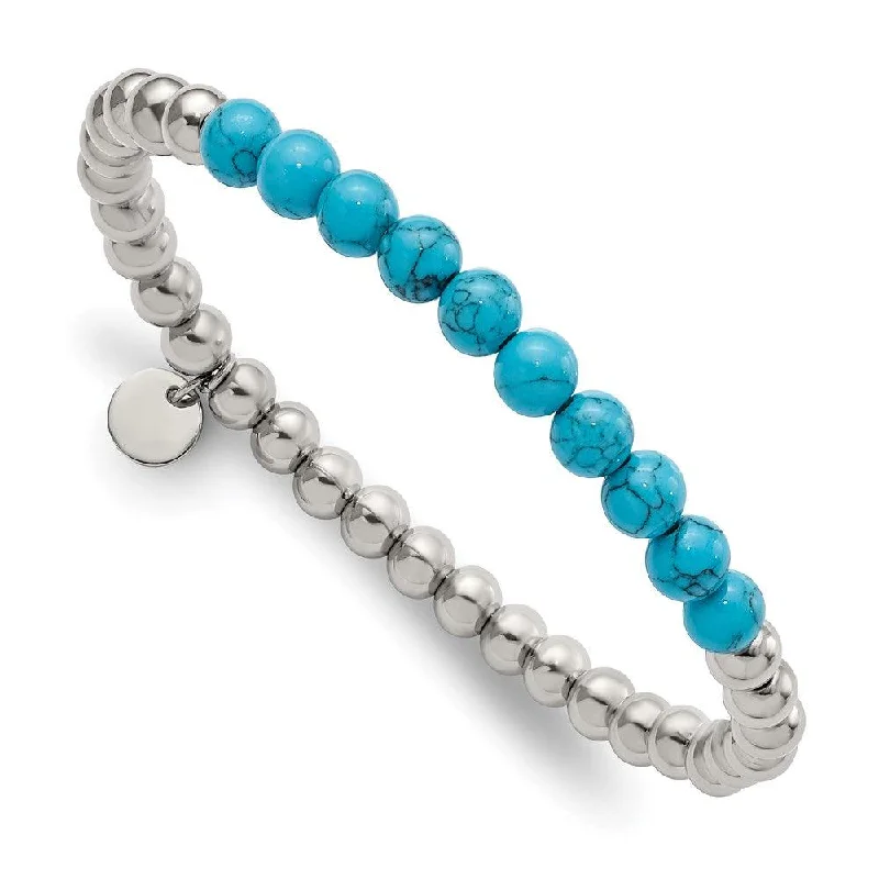 Best bangle bracelets with pearls and crystals for a glamorous and sophisticated look-Stainless Steel Polished Synthetic Turquoise Beaded Stretch Bracelet