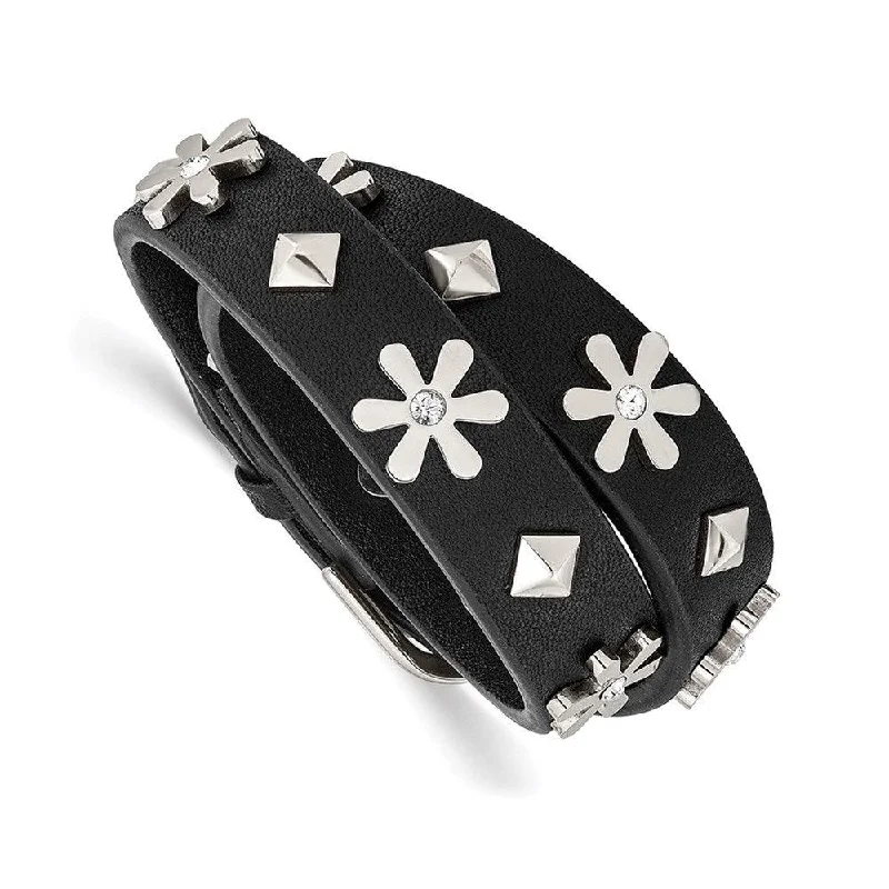 Best bangle bracelets with hand-crafted details for a unique and artisanal touch-Stainless Steel Polished w/Swarovski Flower Studded Leather Adj. Bracelet