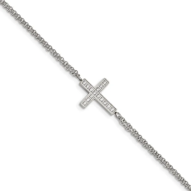 Best bangle bracelets for women with elegant gold designs for every occasion-Stainless Steel Polished with CZ Cross 6.25in with 2in ext. Bracelet