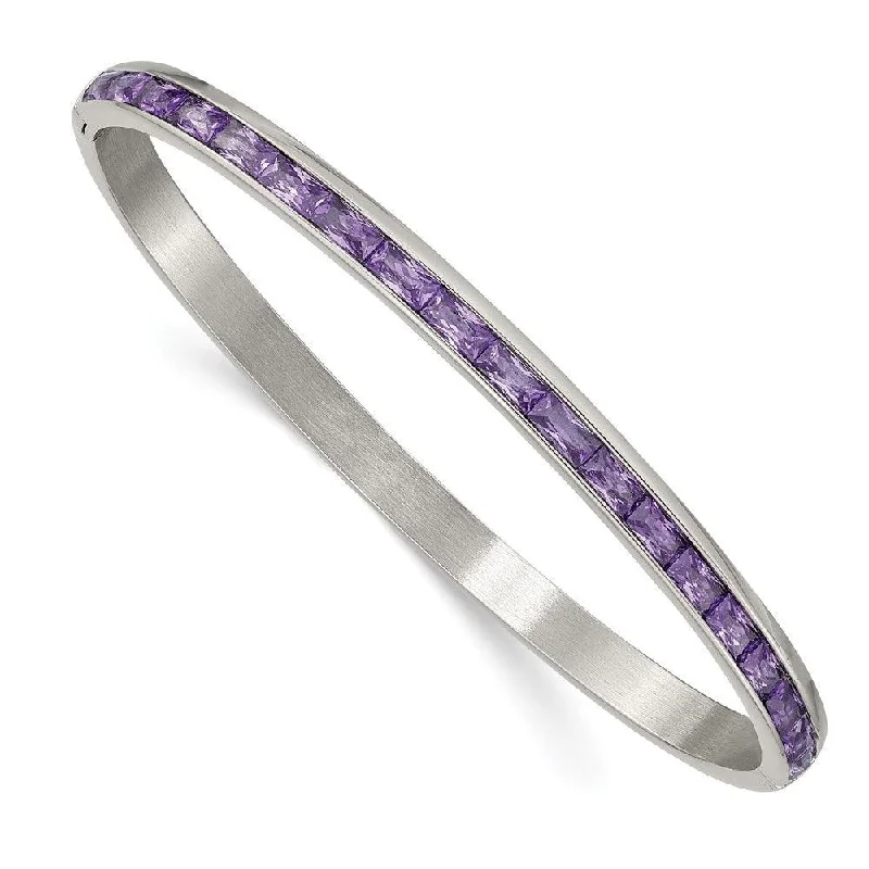 Best bangle bracelets with customizable charms for a personalized, unique piece-Stainless Steel Polished with Purple CZ 5.00mm Hinged Bangle