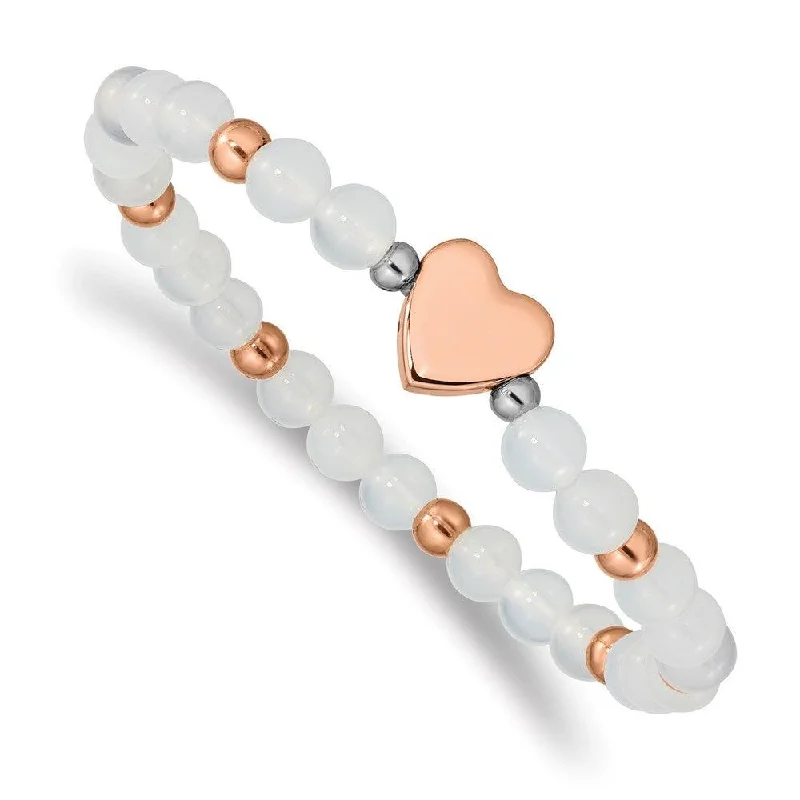 Best bangle bracelets with twisted rope designs for a textured, nautical-inspired look-Stainless Steel Rose IP-plated Heart White Agate Stretch Bracelet