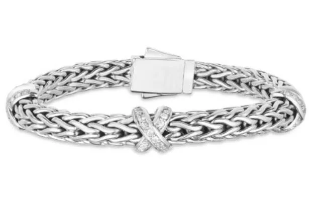 Best bangle bracelets with gold-plated finishes for an affordable luxury option-Sterling Silver 7.5" Woven X Bracelet with White Sapphire and Box Clasp