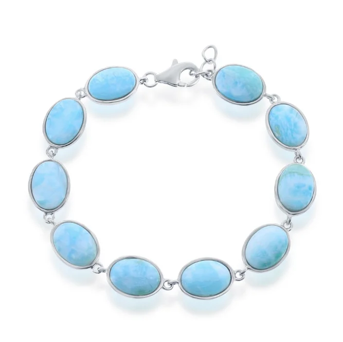 Sleek bangle bracelets with modern metallic finishes for a polished, chic design-Sterling Silver 8" Oval Larimar Bezel Link Bracelet with Lobster Clasp