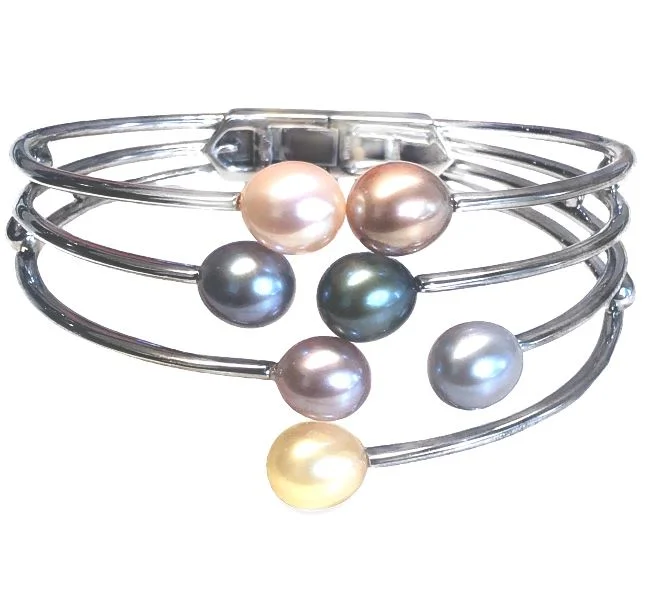 Bold bangle bracelets with mixed materials like wood, metal, and fabric-Sterling Silver Dyed Multicolored Freshwater Pearl Hinged Cuff Bracelet