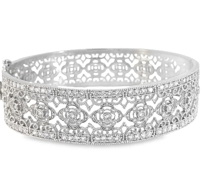 Wide bangle bracelets with animal print designs for a bold and exotic look-Sterling Silver Open Filigree Milgrain CZ Hinged Bangle