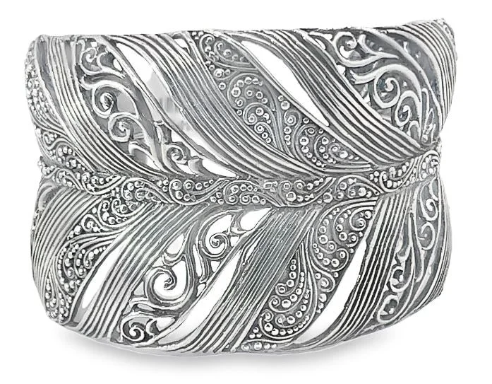 Best bangle bracelets with solid gold for an elegant and luxurious design-Sterling Silver Open Vine Design and Swirl Wide Cuff Bracelet