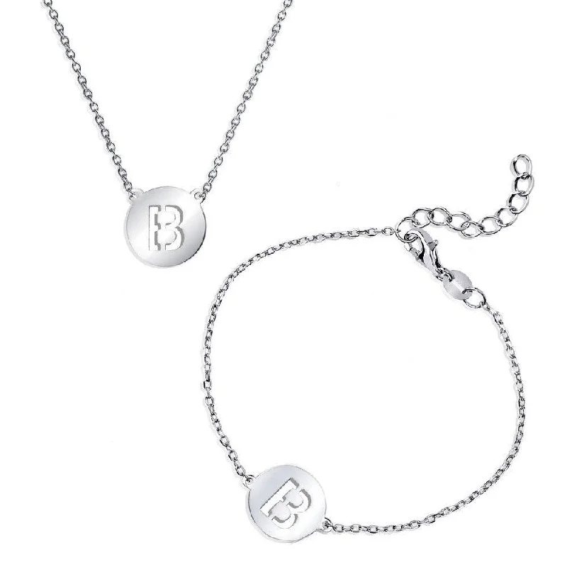 Simple gold bangle bracelets with smooth finishes for a classic and elegant style-Sterling Silver Shiny 'B' Disc Initial Bracelet and Necklace Set